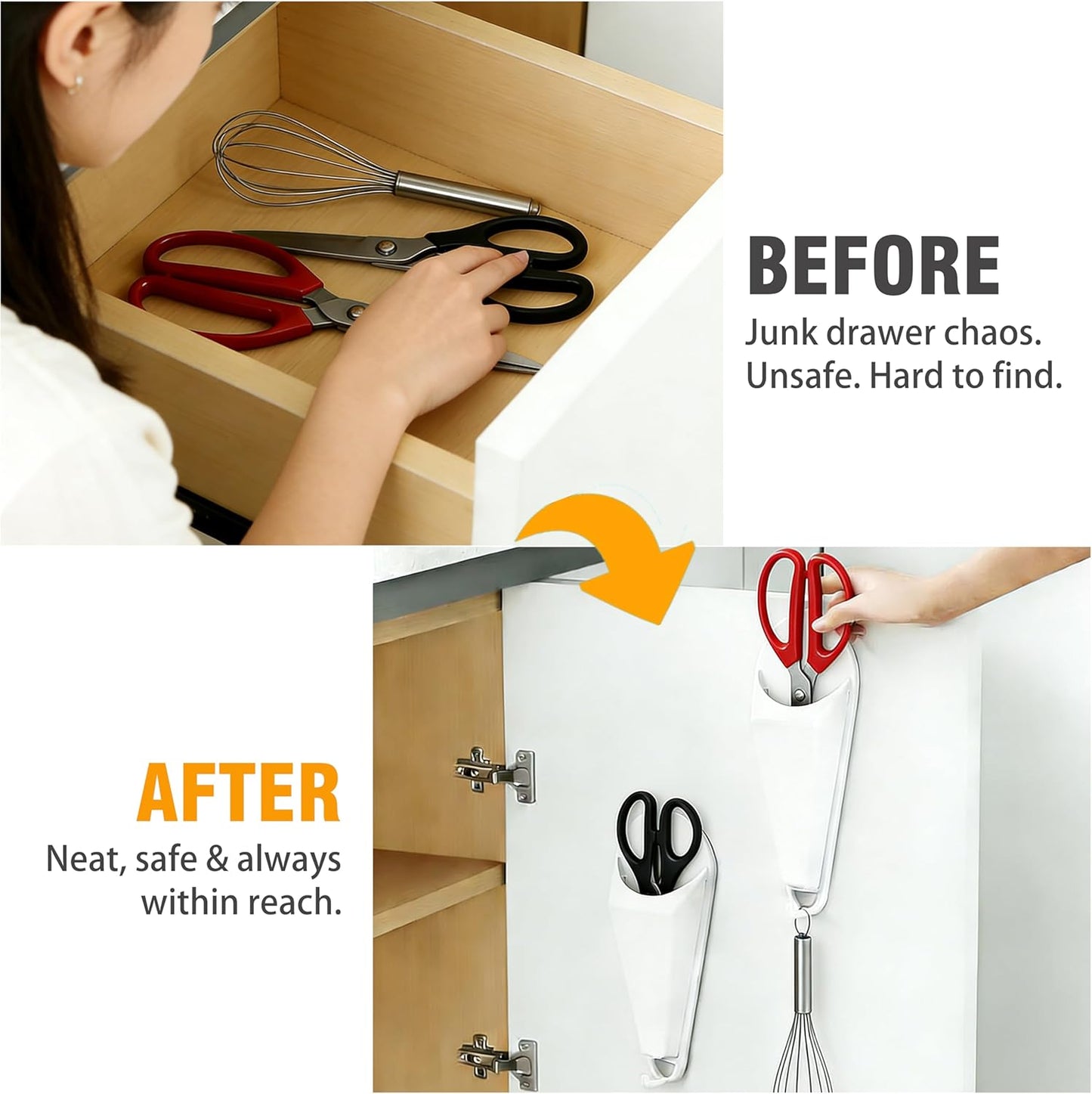 4PCS Magnetic Scissor Holder for Fridge, Never Lose Scissors! Kitchen & Office Storage Organizer with Drain Hole & Hooks, Detachable Magnet Holder Sticks to Refrigerator for Large Shears