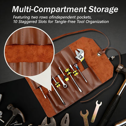 Tool Roll Pouch PU Leather Chisel Roll Portable Tool Roll Bag Organizer 10 Slots Wrench Roll Up Pouch Workshop Storage Tool Wrap for Mechanic Carpenter Craftsman