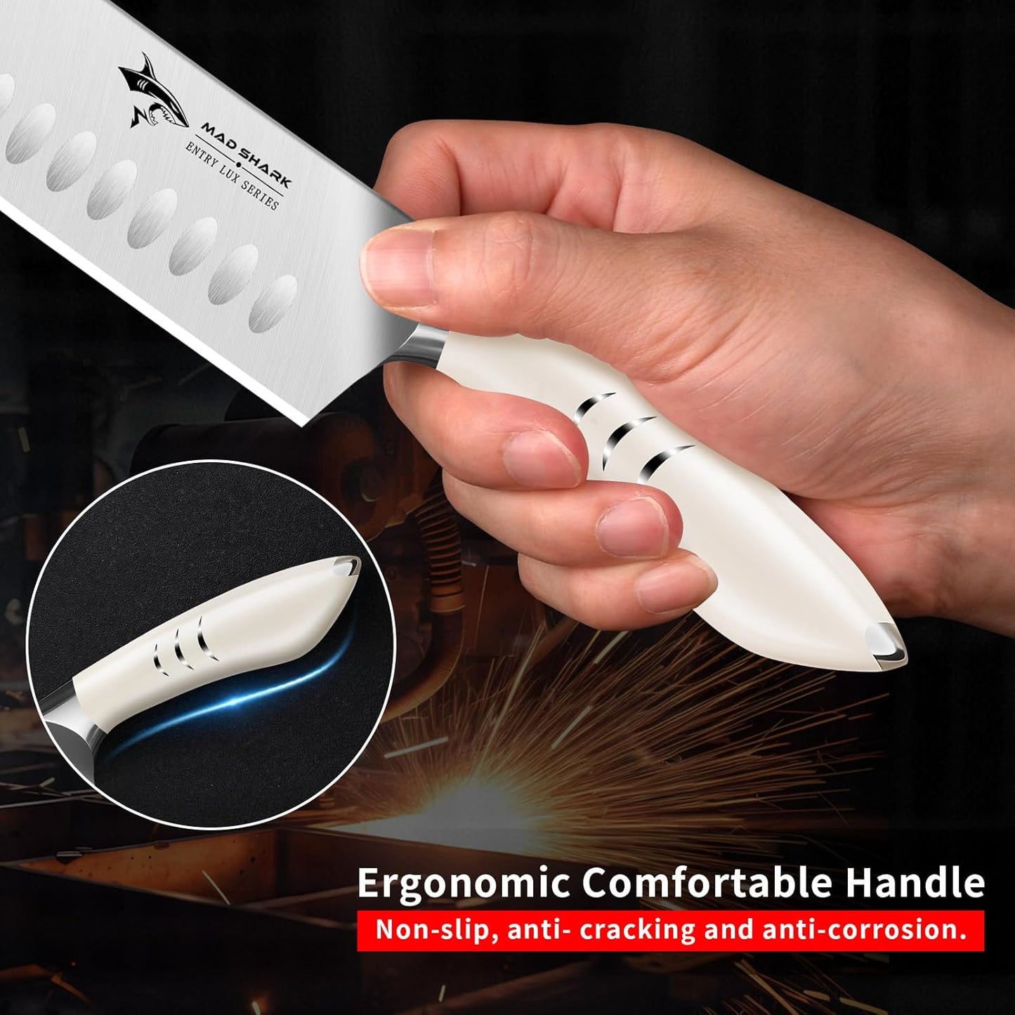 MAD SHARK 8 Inch Santoku Knife - Ultra Sharp Japanese Kitchen Knife with High Carbon German Steel, Ergonomic Handle, Ideal for Slicing, Dicing, Cutting - Unique Gift for Chefs, Men & Women (Black)