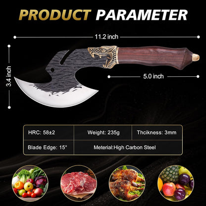 KITNATS Hand Forged Meat Cleaver with Sheath, Viking Inspired Butcher Knife for Meat Cutting, Boning, Outdoor BBQ, Camping and Kitchen Cooking, Gift for Men, Christmas Birthday