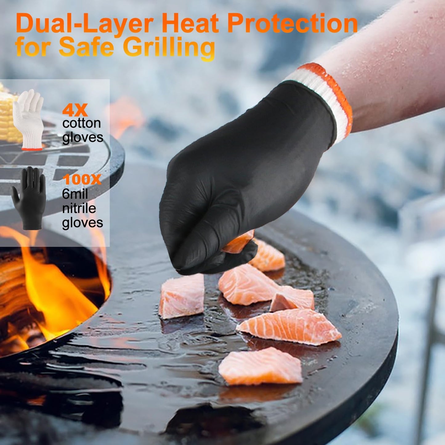 ANBOSON BBQ Gloves Disposable-Heat Resistant Cooking & Grilling Gloves Set (100 Black Nitrile, 4 Cotton Liners)-10Mil Heavy Duty Meat Handling Smoker Accessories for Hot Food Prep,Non-Slip Grip,Large