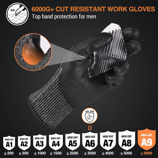 Donfri A9 Cut Resistant Work Gloves for Men, Safety Gloves for Men Touchscreen with Reinforced Thumb for Metal Glass Wood