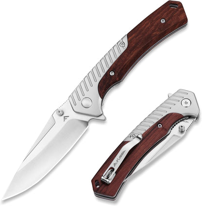 FLISSA Pocket Knife with 3.35" 14C28N Steel Blade, Liner Lock Folding Knife with Wooden Handle for EDC, Camping, Hiking, Outdoor Activities, Gift for Men and Women