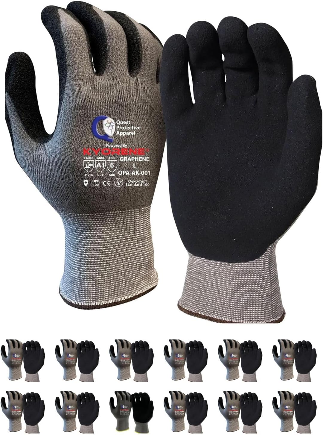 Quest Protective Apparel Cut Resistant Work Gloves (ANSI A1) – Lightweight Graphene Gloves for Gardening, DIY, Mechanical & General Handling – Breathable Grip Gloves for Men & Women – Large, Pack of 3