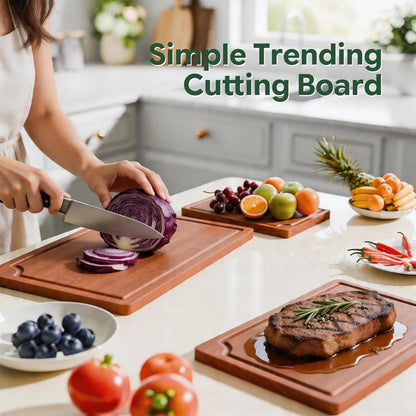 Simple Trending Bamboo Cutting Boards for Kitchen, Durable Chopping Boards with Deep Juice Grooves, Set of 3 Butcher Block for Meat, Vegetables and Fruits