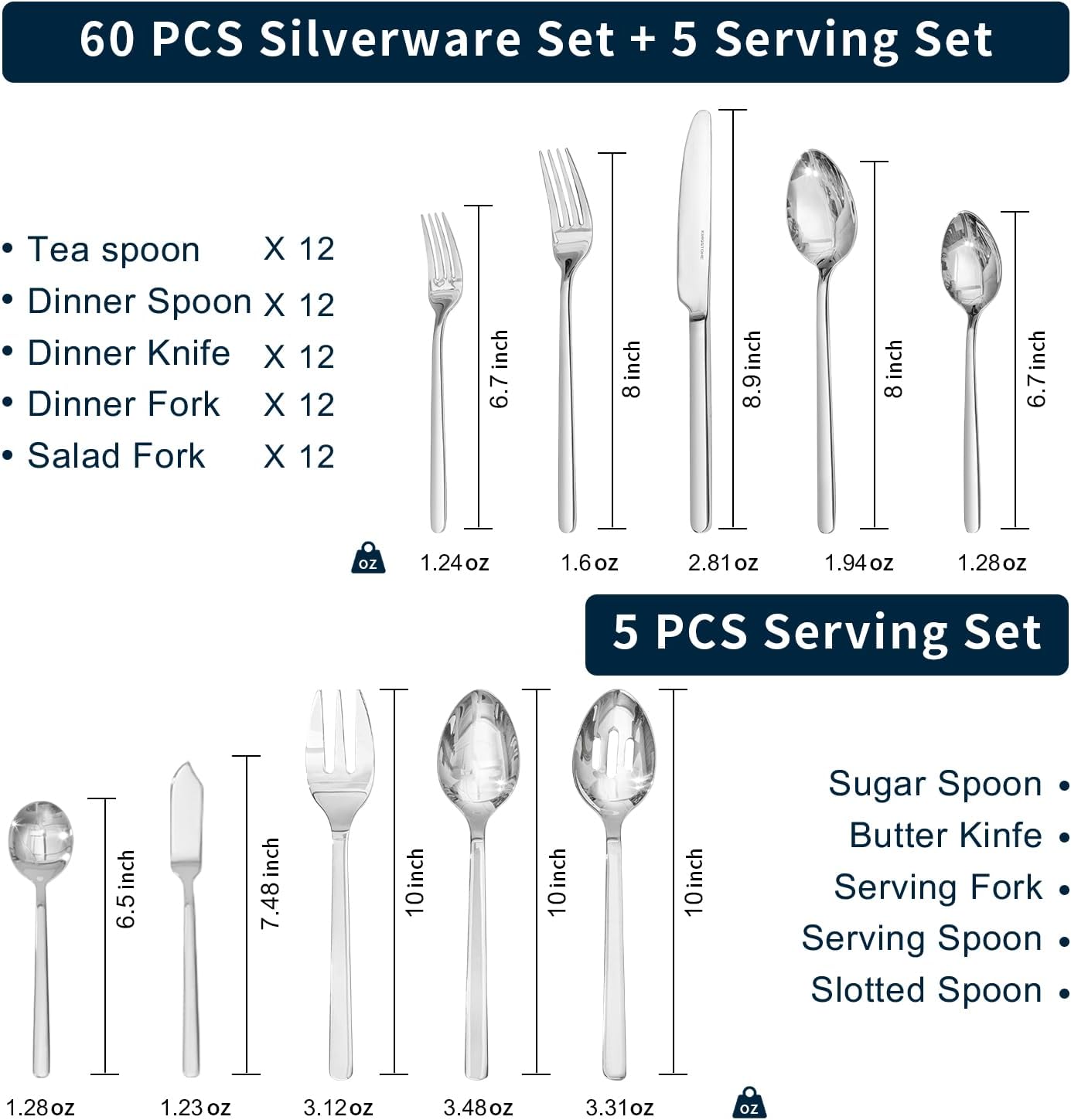 KINGSTONE 48-Piece Silverware Set with Steak Knives, Flatware Set for 8, Stainless Steel Tableware Cutlery Set for Home Restaurant, Mirror Finish,Modern Design