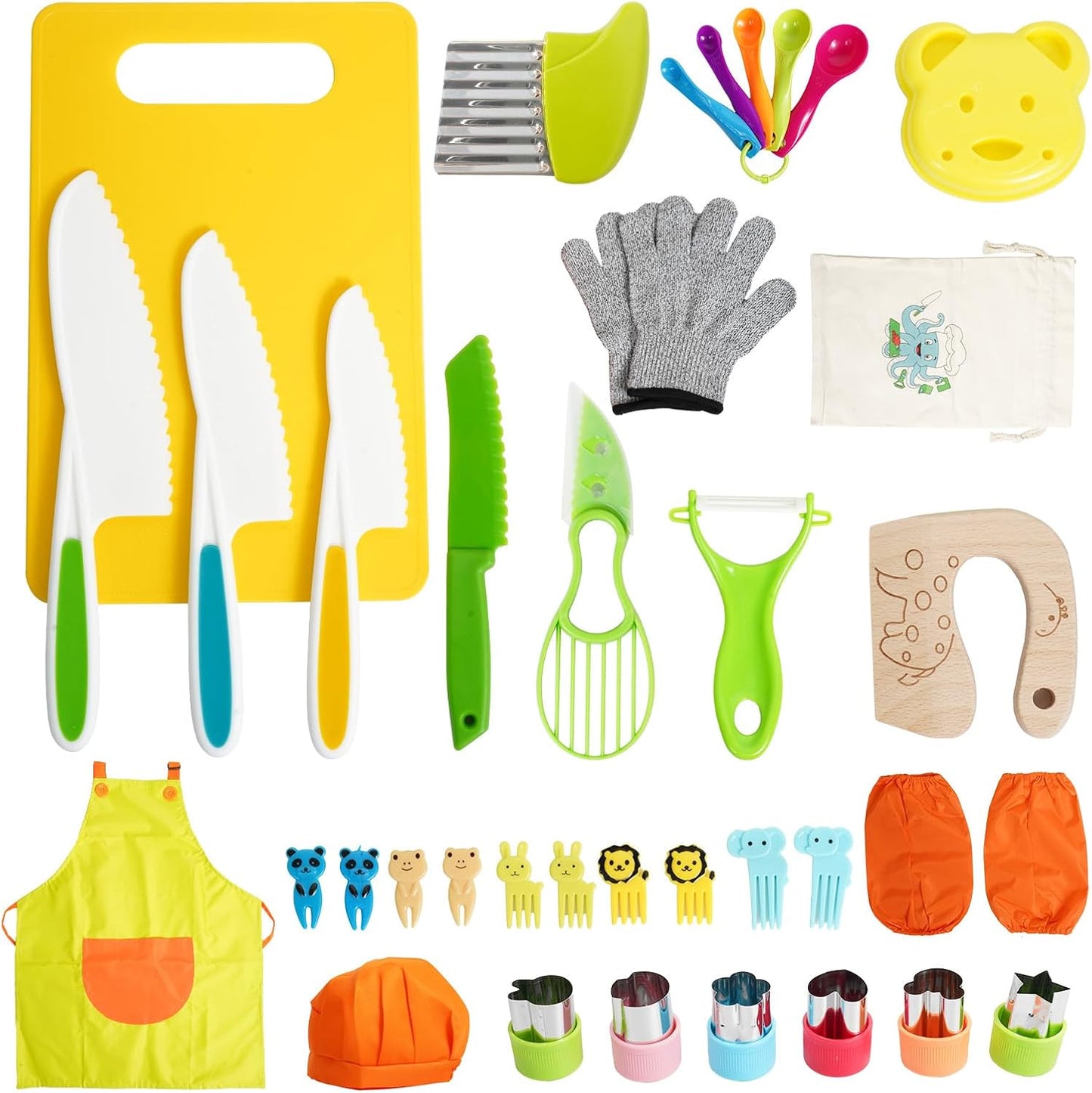 Kids Kitchen Knife Set, 15 Pcs BPA Free Montessori Kitchen Tools for Toddlers' Real Cooking, Include Knives, Crinkle and Sandwich Cutters, Peeler, Cutting Boards, Cleaning Tools for 3+ Birthday Gift