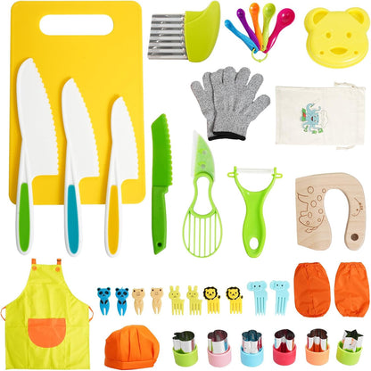 Kids Kitchen Knife Set, 15 Pcs BPA Free Montessori Kitchen Tools for Toddlers' Real Cooking, Include Knives, Crinkle and Sandwich Cutters, Peeler, Cutting Boards, Cleaning Tools for 3+ Birthday Gift