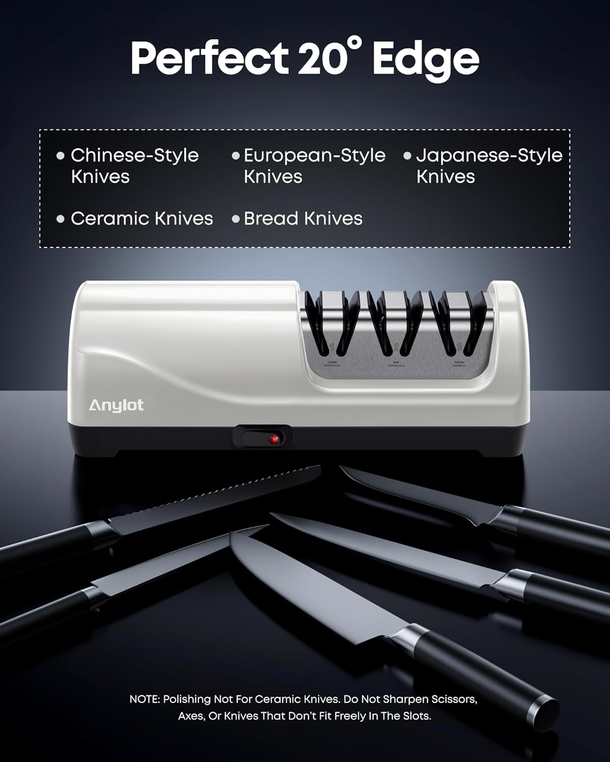 Electric Knife Sharpener for Kitchen, 3-Stage Knife Sharpener Electric with 100% Diamond Abrasives, 20° Precision Angle Guide, Fast & Safe Sharpening for Chef Knives, Home Use & Beginners (Black)