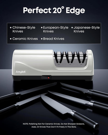Electric Knife Sharpener for Kitchen, 3-Stage Knife Sharpener Electric with 100% Diamond Abrasives, 20° Precision Angle Guide, Fast & Safe Sharpening for Chef Knives, Home Use & Beginners (Black)