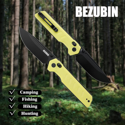 Folding Pocket Knife 3.25" VG10 Blade EDC Folding Knife with Safety Axis Lock Black G10 Handle Hunting Camping Knife with Thumb Stud Opener