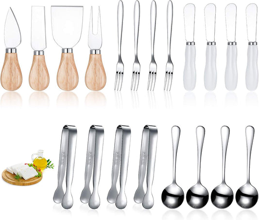 20 Pcs Charcuterie Board Accessories Cheese Butter Knife Set Charcuterie Utensils Butter Spreader Knife with Wooden Handles Mini Serving Tongs Spoon Appetizer Fork for Christmas Party(Chic Style)