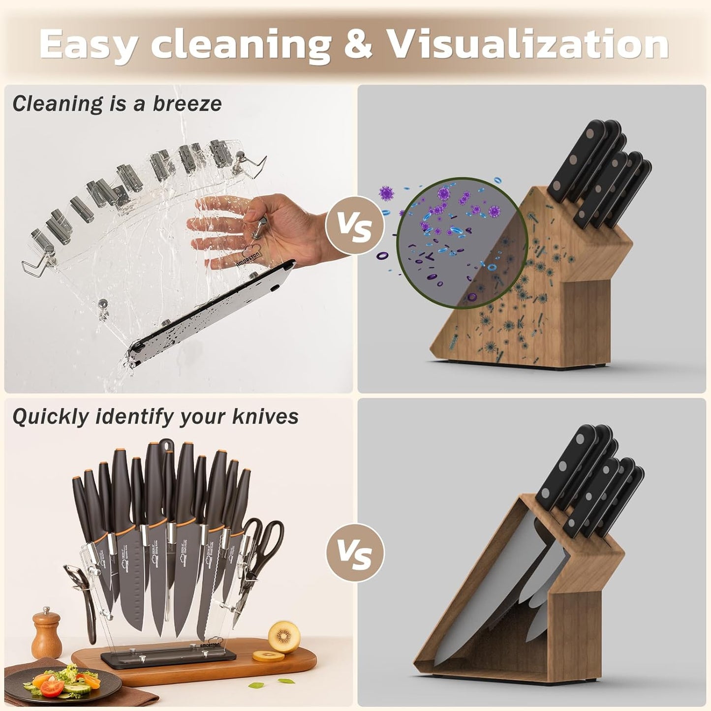 Amorston Knife Set, 22-Piece Kitchen Knife Set with Acrylic Block, Dishwasher Safe with Sharpener, High Carbon Stainless Steel, Anti-slip Ergonomic Handle, Black,Valentine's Gift