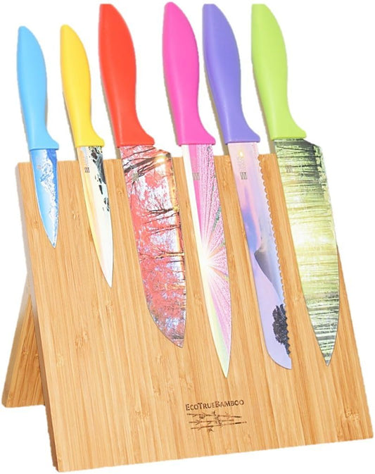 Magnetic Knife Block + Cutting Board - Knife holder and Storage Rack + Bamboo Butcher Block. Chopping board Meats, Cheese, Veggies (10"x 10") Kitchen Décor (Natural Bamboo, Without Knives)