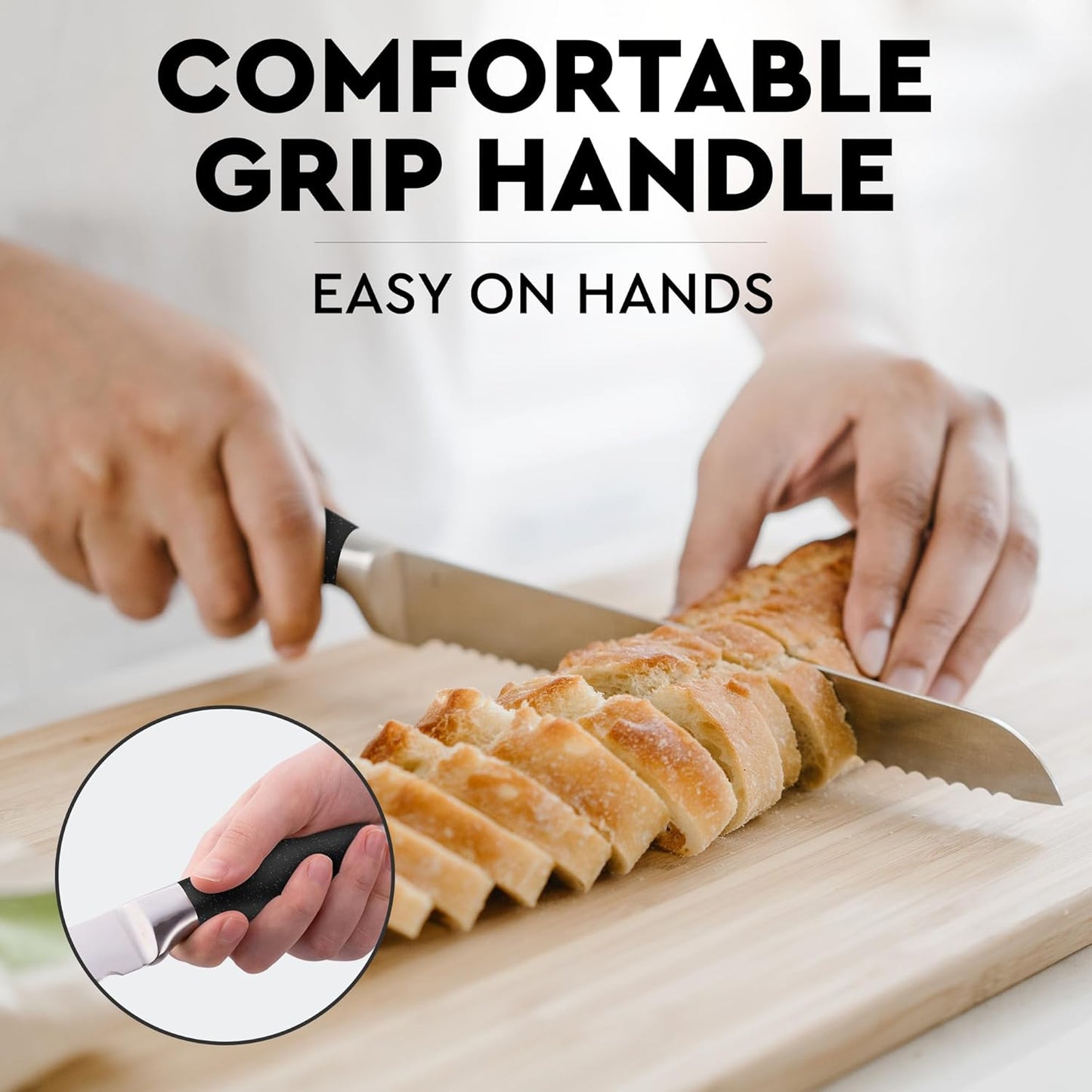 Zulay Kitchen Serrated Bread Knife - 8 Inch Stainless Steel Bread Cutter for Homemade Bread, Cake, Bagels, Pastries - Sharp & Durable Slicing Knife with Tip Safety Guard - Non-Slip 5" Handle - Blue