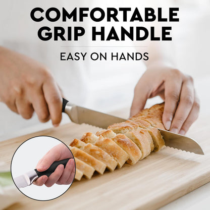 Zulay Kitchen Serrated Bread Knife - 8 Inch Stainless Steel Bread Cutter for Homemade Bread, Cake, Bagels, Pastries - Sharp & Durable Slicing Knife with Tip Safety Guard - Non-Slip 5" Handle - Blue
