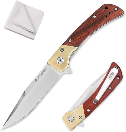 FLISSA Pocket Knife, Folding Knife with D2 Steel Blade, Ball Bearing, Elegant Copper & Wood Handle, Liner Lock, Pocket Clip, Cleaning Cloth, Perfect for EDC, Daily Use, Outdoor