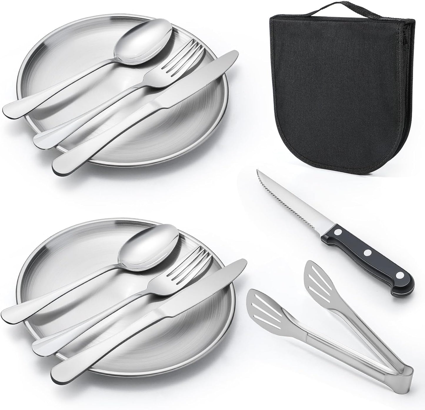 Outdoor Camping and Picnic Tableware Set, Stainless Steel Knives, Forks, Spoons, Plates, Food Tongs, Portable Tableware Set with Storage Bag