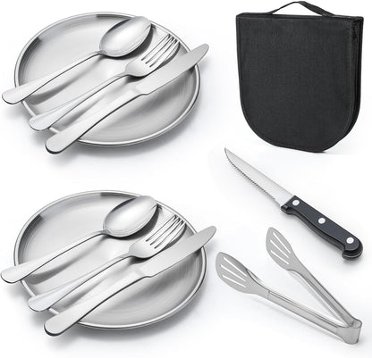 Outdoor Camping and Picnic Tableware Set, Stainless Steel Knives, Forks, Spoons, Plates, Food Tongs, Portable Tableware Set with Storage Bag
