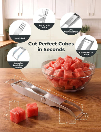 CripsTaste Watermelon Cutter with Retractable Fork, 2-in-1 Stainless Steel Fruit Cutter Watermelon Cutter Slicer Tool, Melon Slicer Cutter Tool for Home Party Camping Kitchen Gadget
