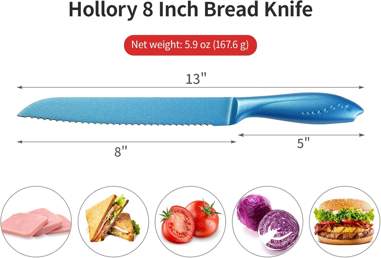 8 Inch Bread Knife, German High Carbon Stainless Steel Blade and Ergonomic Comfortable Handle, Non-Stick Bread Knife for Slicing Bread, Cake, Bagels-Blue