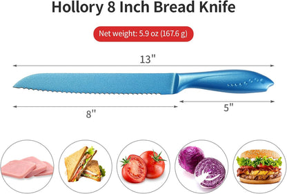 8 Inch Bread Knife, German High Carbon Stainless Steel Blade and Ergonomic Comfortable Handle, Non-Stick Bread Knife for Slicing Bread, Cake, Bagels-Blue