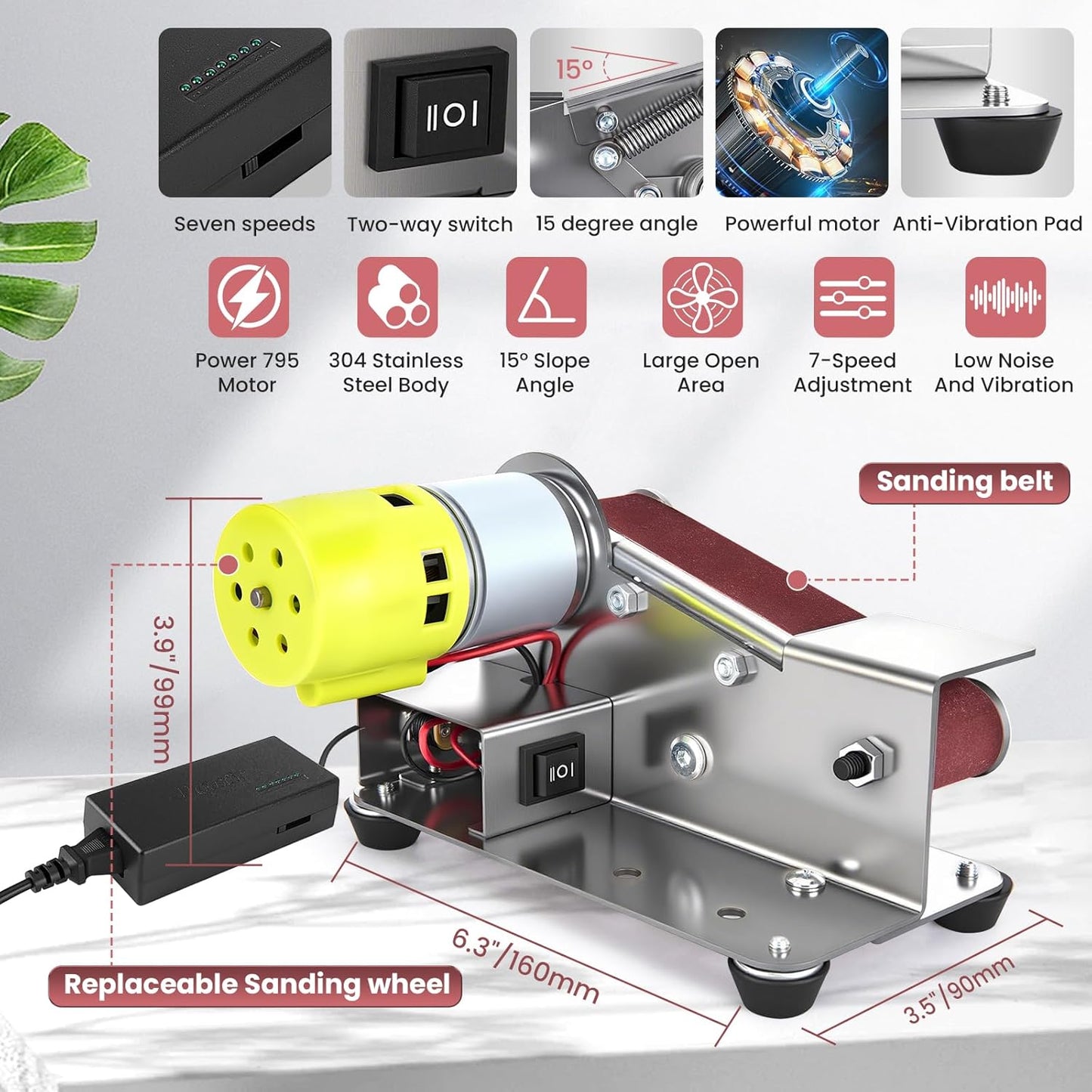 Mini Belt Sander, 15°Electric Bench Grinder Sanding Machine, 7 Adjustable Speed Electric Knife Sharpener, Low Noise Cutter Sharpener Sander for Metal Working DIY, Woodworking, Plastic, Crafts