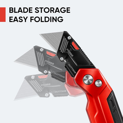STEELITE Utility Knife Foldable, Box Cutter Heavy Duty Metal, Quick Open Botton Lock Razor Knife for Cartons, Rapes, Leather and Cardboard, Blades Storage Design with 13 Extra Blade, Red
