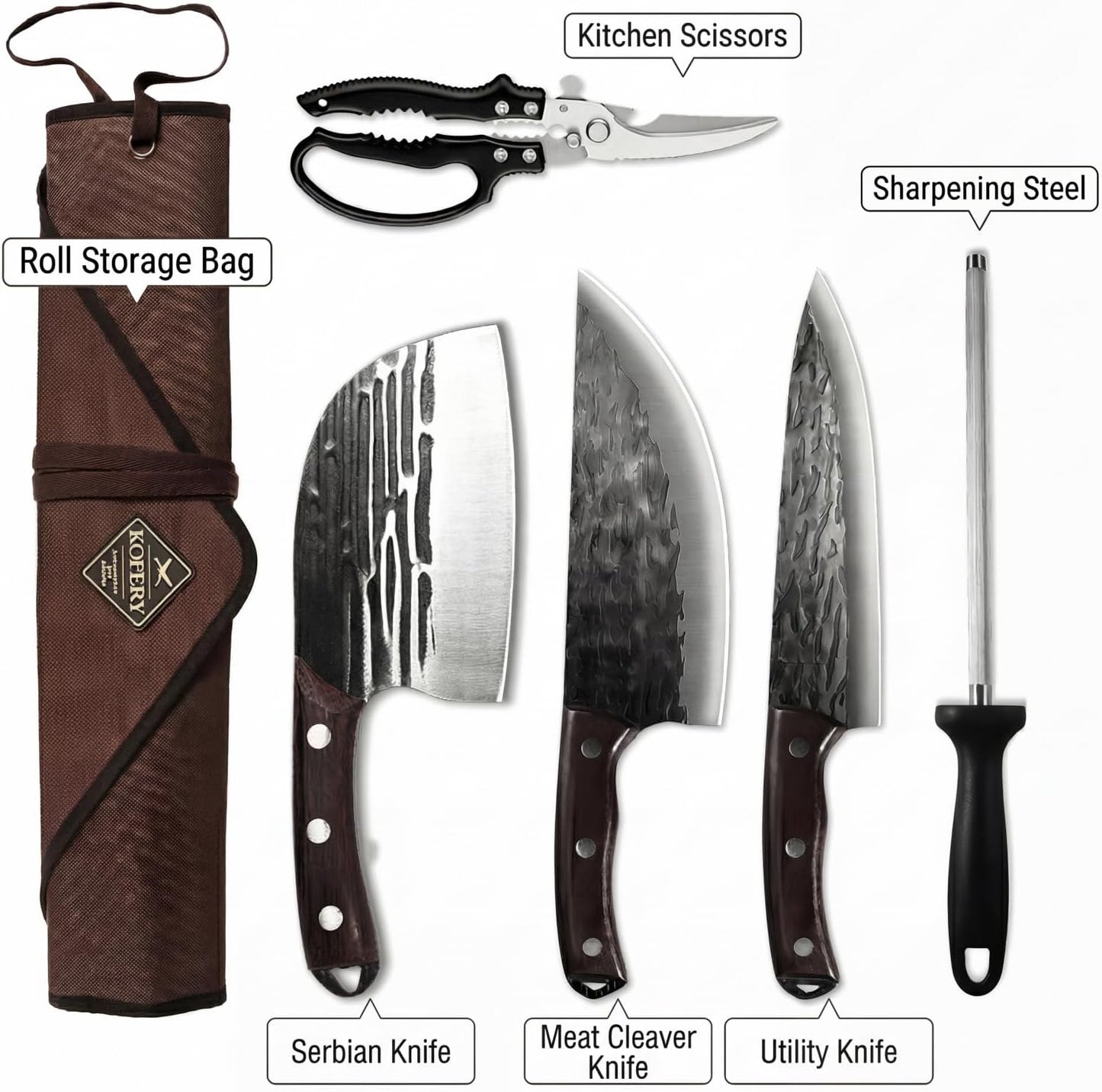 KOFERY Damascus Steel Butcher Knife Set with Full Tang Blades for Pit Master BBQ Meat Carving, Smoking Meat & Game Processing with Canvas Knife Roll for Camping, Gift for Men