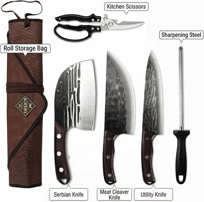 KOFERY Damascus Steel Butcher Knife Set with Full Tang Blades for Pit Master BBQ Meat Carving, Smoking Meat & Game Processing with Canvas Knife Roll for Camping, Gift for Men