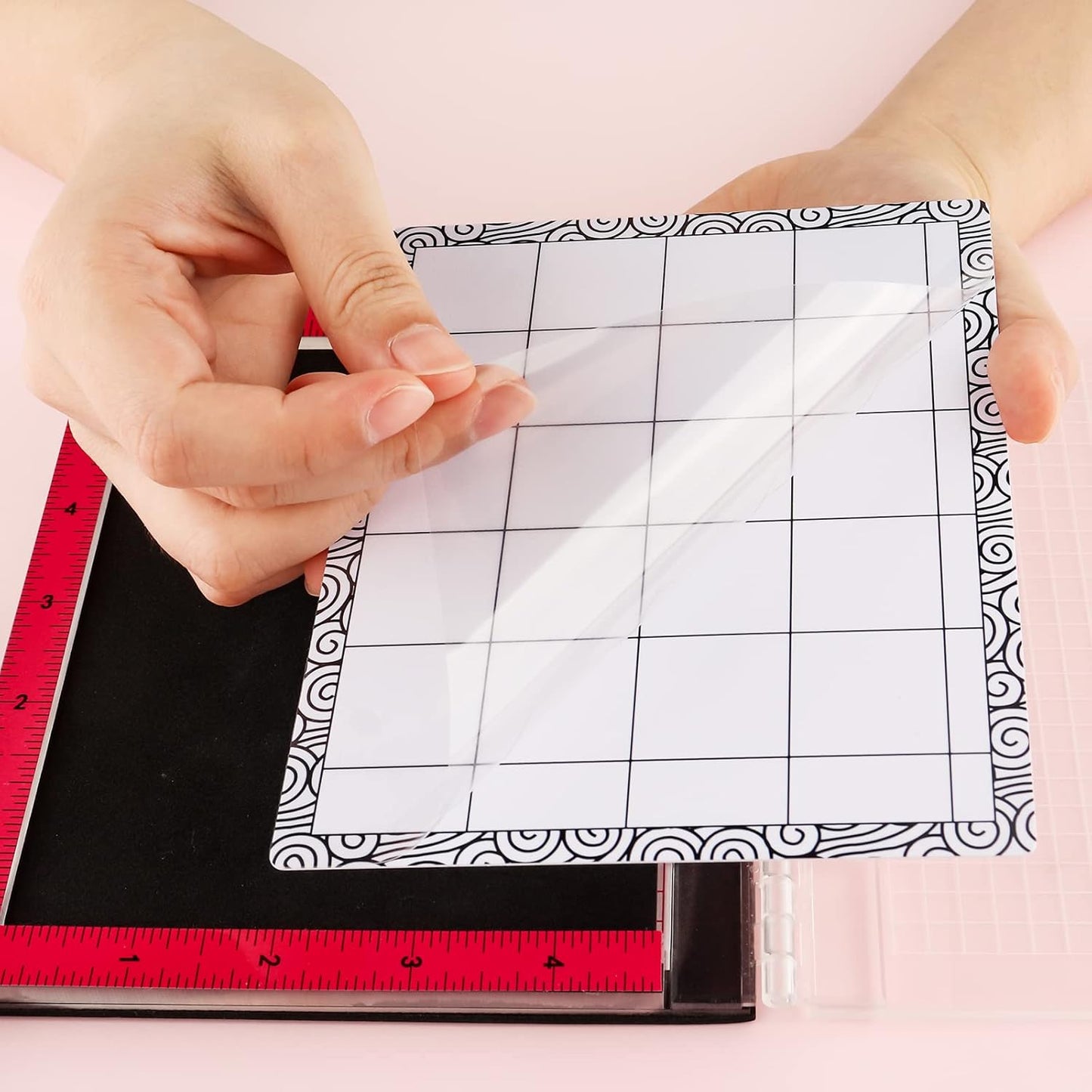 Sticky Non-Slip Flexible Gridded Stamp Mats Grid Sheets 2 PCS Low Stick Mat and 1 Blending Buddy Set,Laser Template with Stuckable Hole,Multi-Use Tack Adhesived Sheet Scrapbooking Craft Accessory