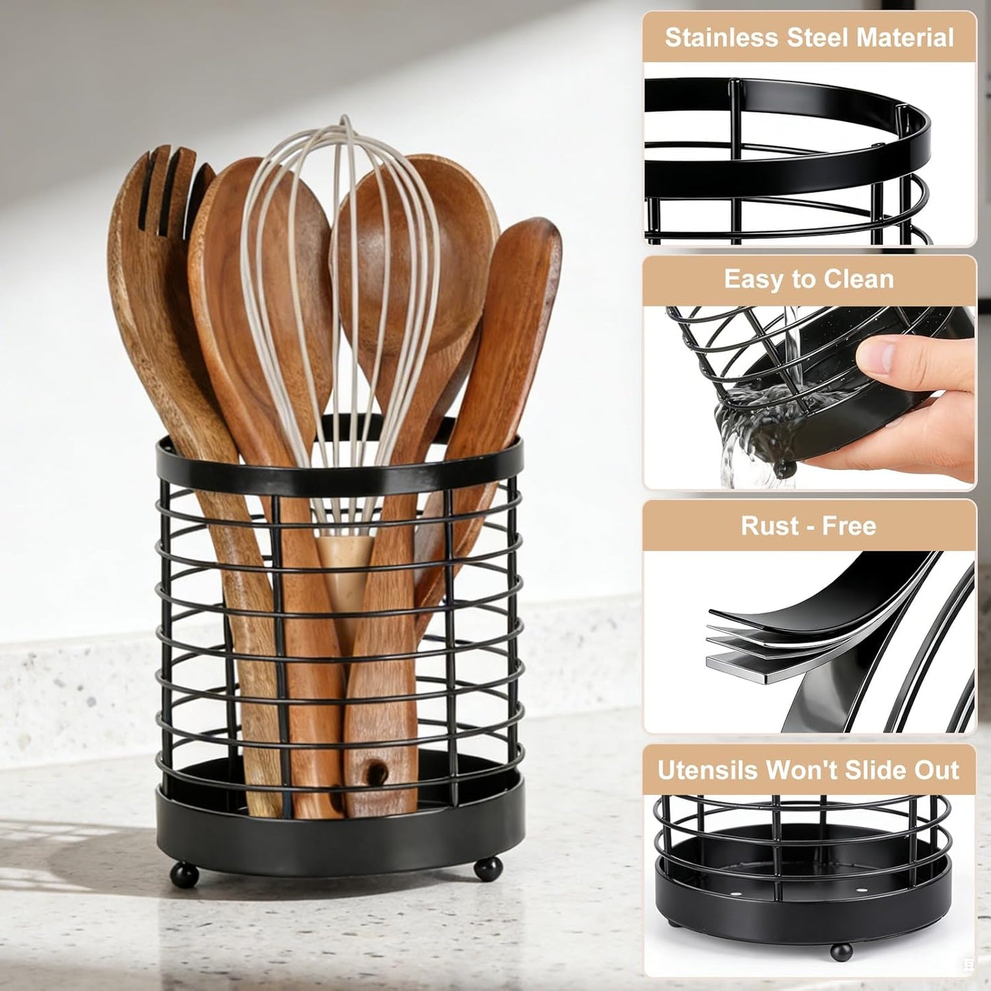 Utensil Holder for Kitchen Counter, Stainless Steel Utensil Crock for Cooking Tools, Spatula, Silverware Forks, Knives, Spoons Countertop Organizer
