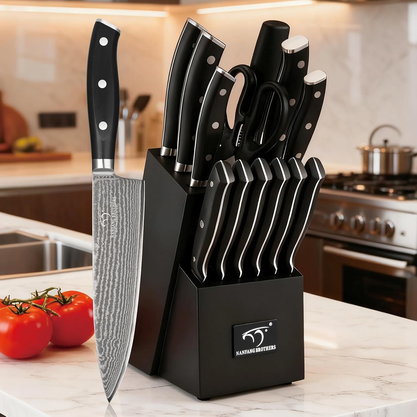 18 Pieces Damascus Kitchen Knife Set, 8 Piece Steak Knives, Non-slip ABS Ergonomic Triple Rivet Handle for Meat Fork, Knife Sharpener and Shears, 17 Slots Fraxinus Manchuria Knife Block (Grey)