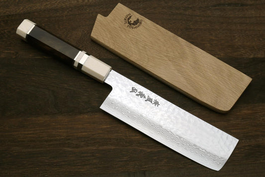 Yoshihiro VG10 46 Layers Hammered Damascus Nakiri Japanese Vegetable Knife (6.5'' (165mm) Rosewood Handle)