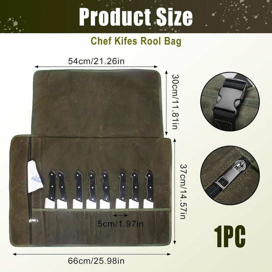 Chef Knife Roll Bag,Waxed Canvas Knife Travel Case,Heavy Duty Professional Knife Carrier Storage Holder with 10 Slots,Portable Kitchen Culinary Tool Organizer for Men,Fits up to 18.8” Knives.Khaki