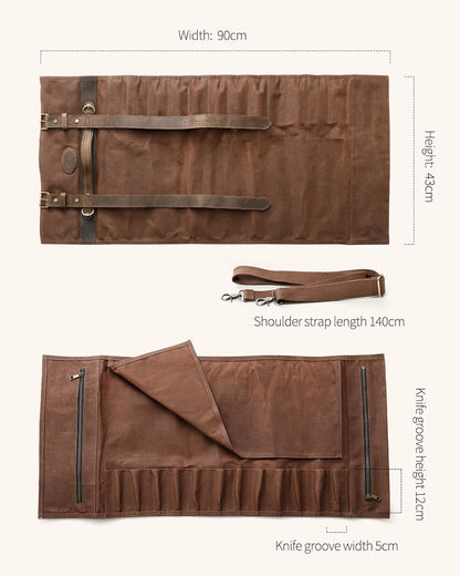 XINZUO Chef Knife Roll Bag Professional,16oz Waxed Canvas and Crazy Horse Leather,12 Slots Plus 2 Zipper Pockets,Adjustable Shoulder Strap-Travel Tool Roll Pouch(Bag Only)