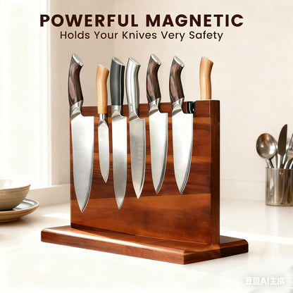 Magnetic Knife Block Natural Acacia Wood Knife Holder Space-Saving Magnetic Strip for Kitchen Knives Self-Sharpening Slot for Maintaining Blade Sharpness Strong Magnet Securely Holds Knives