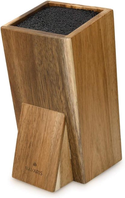 Navaris Universal Knife Block Holder - Rubber Wood Stand with Bristles to Fit Different Sizes of Knives - Angled Design, 9.8" x 5.9" x 4.1’" - Black