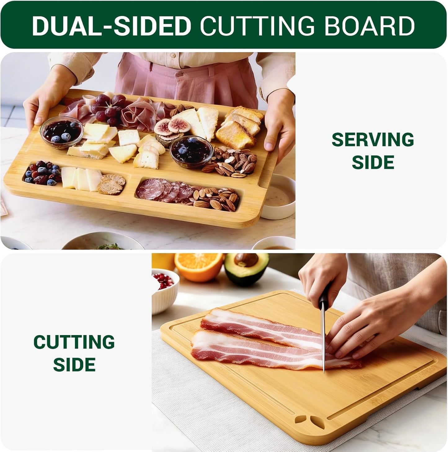 Bamboo Cutting Boards for Kitchen with Holder & Silicone Mat, Lightweight & Knife-Friendly Wood Cutting Board Set with Side Handles and Juice Grooves, Natural