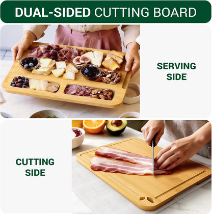 Bamboo Cutting Boards for Kitchen with Holder & Silicone Mat, Lightweight & Knife-Friendly Wood Cutting Board Set with Side Handles and Juice Grooves, Natural
