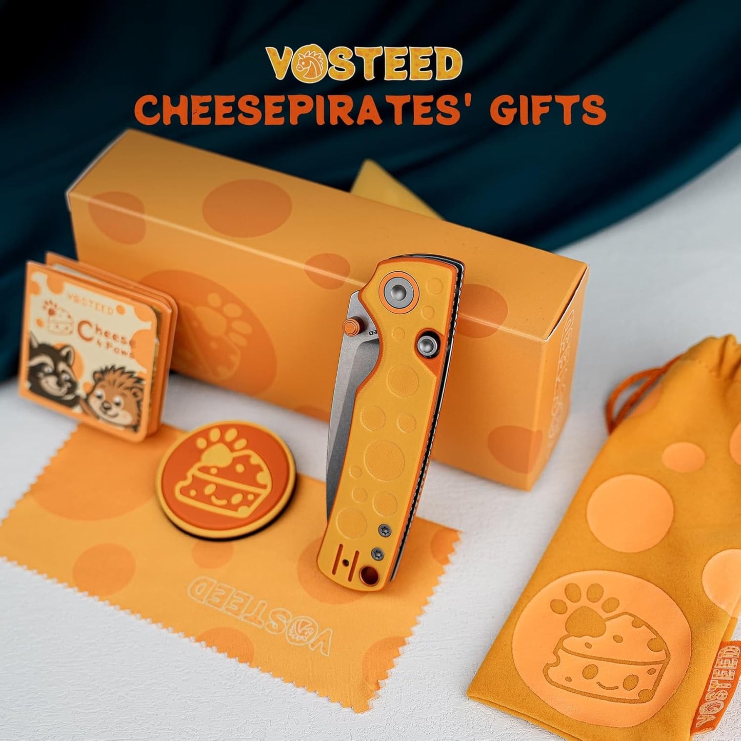 Vosteed CheesePirates® EDC Pocket Knife - Raccoon, 3.25" 14C28N Stonewash Blade - Top Liner Lock, Cheese Orb G10 Handle - A2932