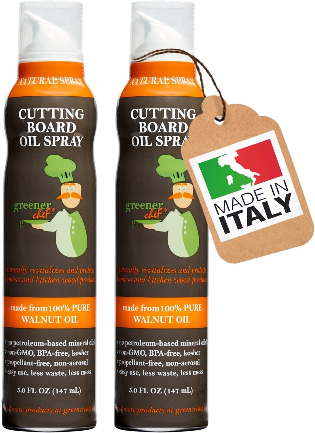 Greener Chef Non Toxic Cutting Board Oil - Innovative Spray for No Mess and Less Waste - Pure Italian Walnut Oil Conditioner for Wood Butcher Blocks, Bamboo Chopping Boards and Wooden Kitchen Utensils