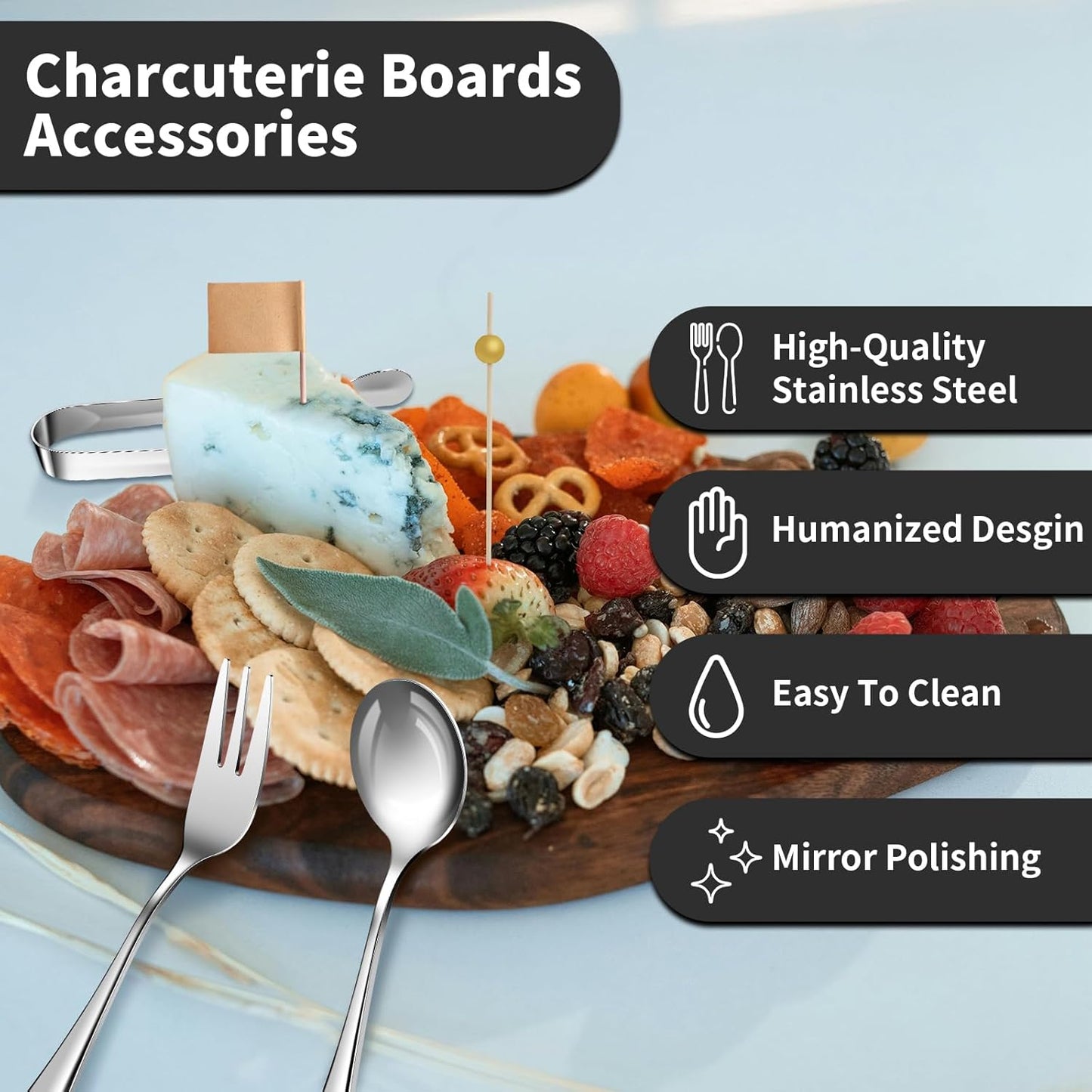 Charcuterie Boards Accessories(29 PCS) Cheese Spreaders for Charcuterie Board Mini Serving Spoon Fork Tongs Blank Toothpick Flags Bowl