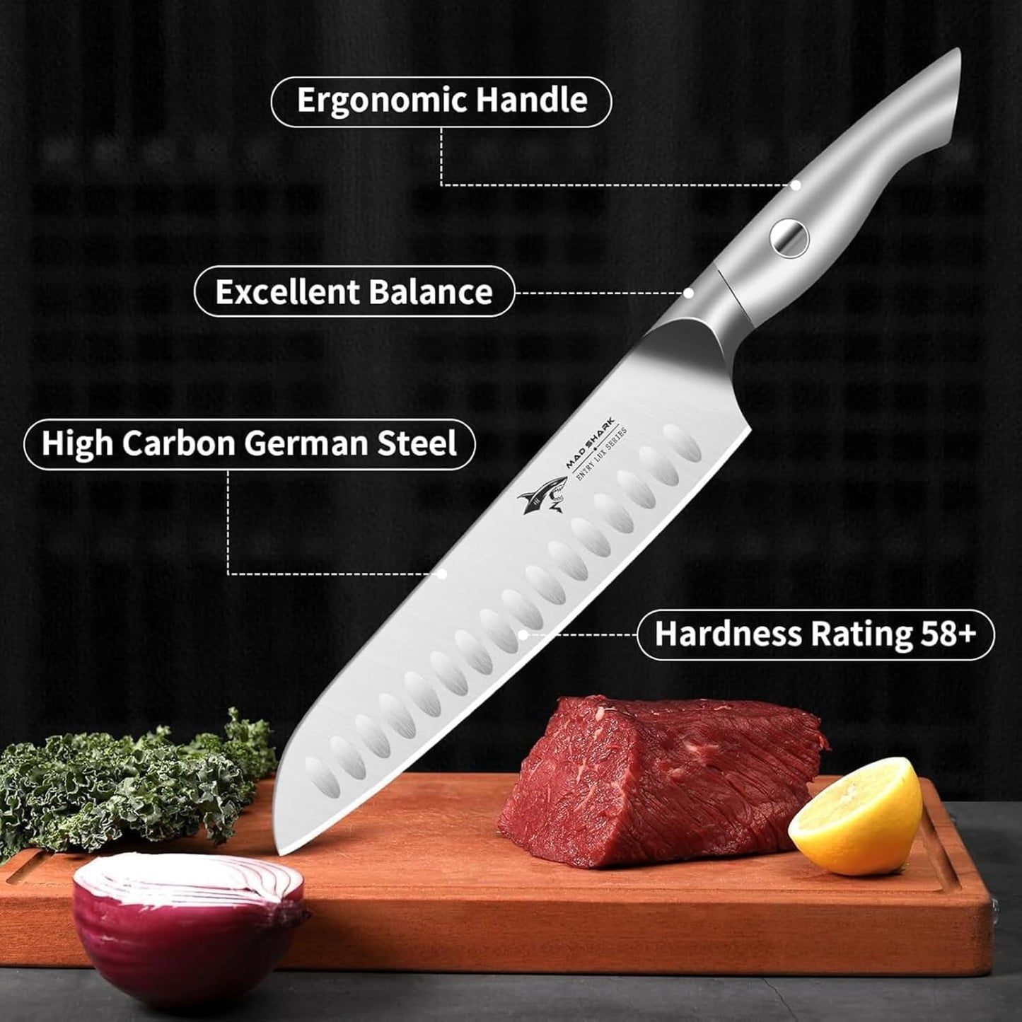 MAD SHARK 8 Inch Santoku Knife - Ultra Sharp Japanese Kitchen Knife with High Carbon German Steel, Ergonomic Handle, Ideal for Slicing, Dicing, Cutting - Unique Gift for Chefs, Men & Women (Black)