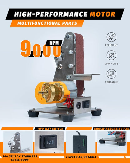 Mini Belt Sander, Electric Small Sander Knife Making Supplies, 7 Adjustable Speed Electric Knife Sharpener, Power Belt Grinder for Woodworking, Metal Working DIY (6.5'' x 6.8'' x 4.8'')