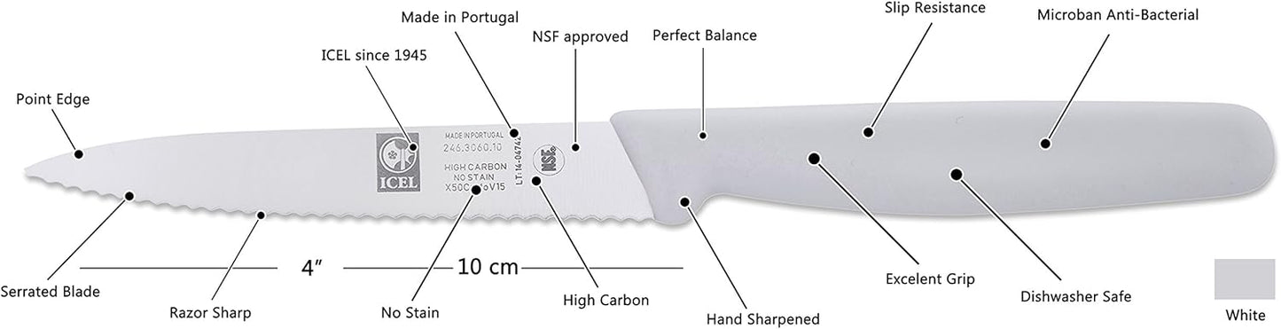 ICEL 4 Inch Paring Knife, Serrated Edge, High Carbon German Stainless Steel razor Sharp Blade, White Handle