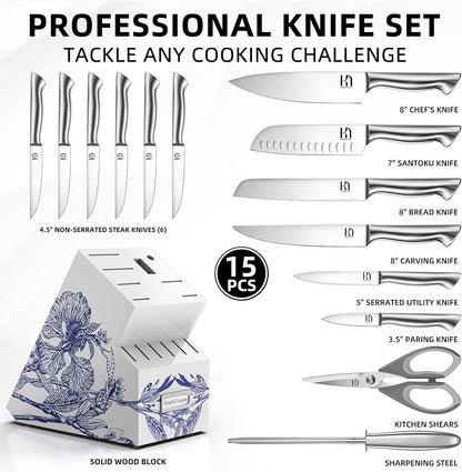 KnifeSaga Kitchen Knife Set - Phantom Iris X5 Knife Block Set - Top-tier Performance, 15 Pcs Premium High Carbon Stainless Steel Knife Set with Block and Sharpener, Professional Chef Knives Set