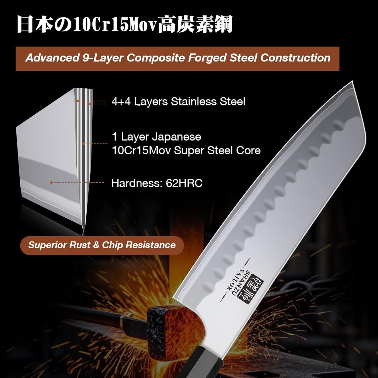 SHAN ZU 3PCS Japanese Knife Set, 9 Layers 10Cr15MoV High Carbon Steel Professional Kitchen Knives, Sharp Chef Knife Set with Ergonomic Red Sandalwood Handle, Sashimi Cooking & Cutting Knives Set
