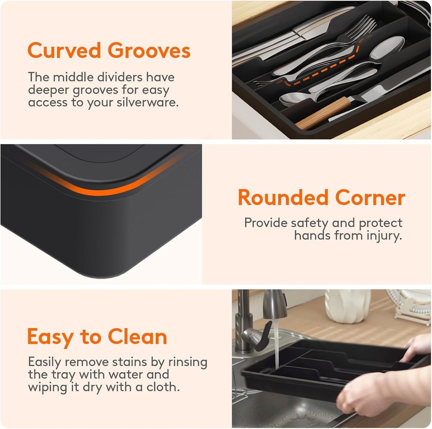 Lifewit Silverware Drawer Organizer Tray, Plastic Cutlery Storage for Kitchen, Flatware and Utensil Holder Divider for Spoons Forks Knives Tableware, 9.1 x 12.6", 5 Slots, Black