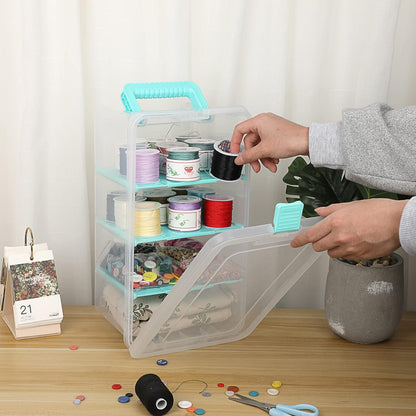 BTSKY Clear Plastic Dividing Storage Box with 4 Compartments Adjustable Storage Bin with Lid Plastic Craft Storage Container Multipurpose Sewing Box Art Supply Organizer, 13.3x8.1x3.4 Inches
